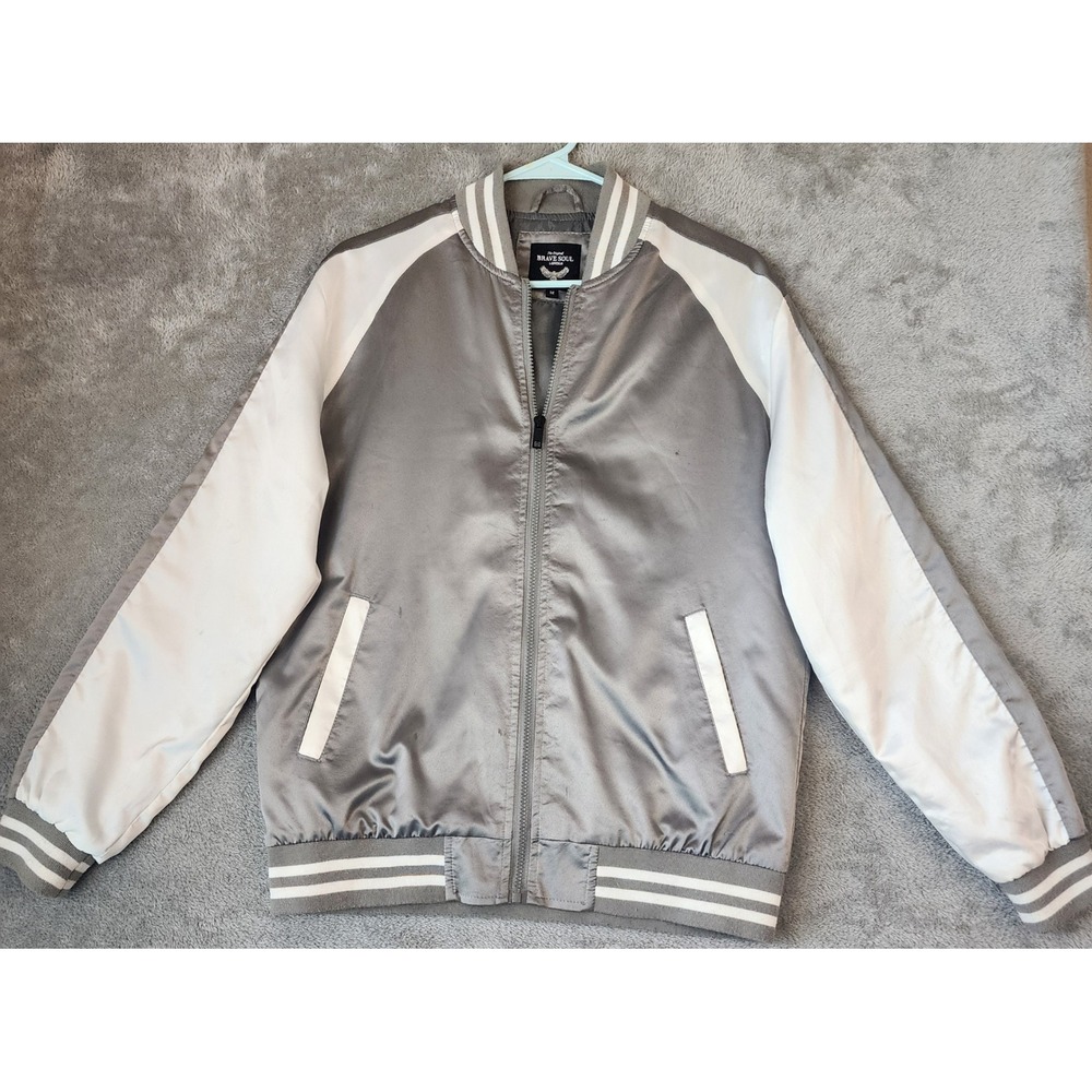 Brave Soul London Jacket Womens Medium Grey Satin Eagle Embroidered Bomber - Picture 2 of 9
